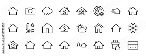 Simple set of line vector home icons. Contains house symbols at interest, infuse house and more. Editable stroke. 480x480 pixels perfect