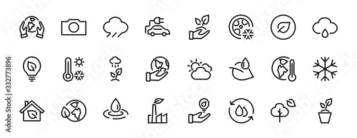 Set of icons on the theme of Ecology, vector lines, contains icons such as electric car, global warming, forest, eco, watering plants and much more. Editable stroke, White background.