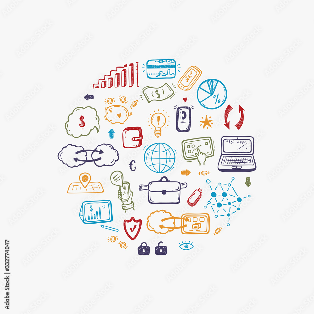 Hand drawn Doodle Internet of Things, Stock market, Cloud Computing Technology, Financial and Business Icons Vector Set