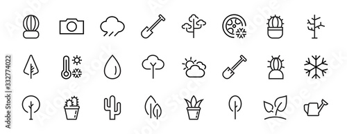 A set of Rosteniya Icons, and garden care, Vector illustration, Contains Icons such as tree, cactus, watering can, spade, flower and much more. on a white background, editable bar 480x480