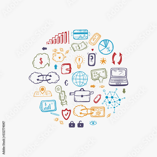 Hand drawn Doodle Internet of Things, Stock market, Cloud Computing Technology, Financial and Business Icons Vector Set
