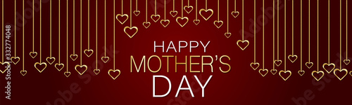 Happy Mothers Day banner, website or newsletter header. Golden hearts and garland on red background. Vector illustration.