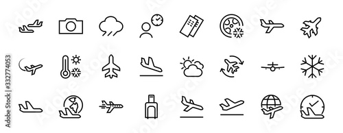 A simple set of airport related vector line icons. Contains badges such as departure  boarding  waiting time  boarding  find a place to travel tickets  and much more. Editable stroke. 48x48 pixels