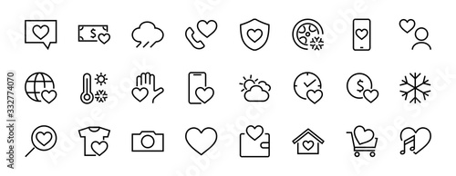 The set of icons about love contains such icons as love of music, declaration of love, heart, favorite home, Linear set. Vector on a white background. Editable stroke. 480x480