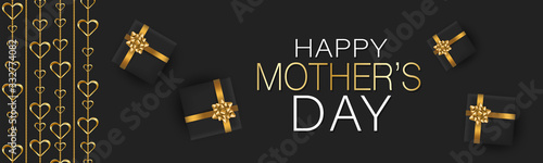 Mothers Day banner, website or newsletter header. Golden hearts garland and gift boxes on black background. Vector illustration.