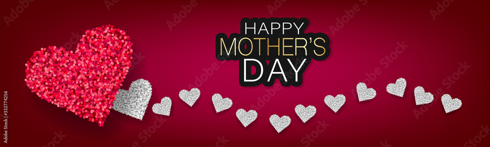 Mothers Day simple banner, website or newsletter header. Golden glitter hearts on red background. Vector illustration.