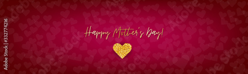 Mothers Day simple banner, website or newsletter header. Golden glitter hearts on red background. Vector illustration.