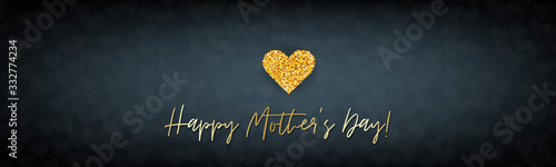 Happy Mothers Day simple banner, website or newsletter header. Golden glitter hearts on black background. Vector illustration.