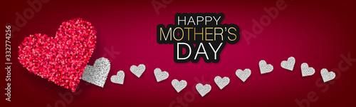 Mothers Day simple banner, website or newsletter header. Golden glitter hearts on red background. Vector illustration.