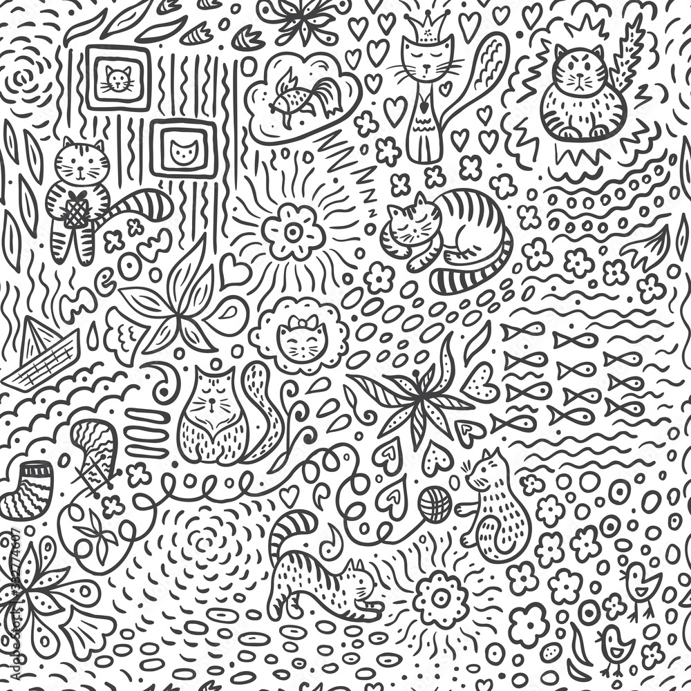 Doodle Vector Seamless Pattern with Cartoon Cats and Flowers. Abstract Floral Background with Animals