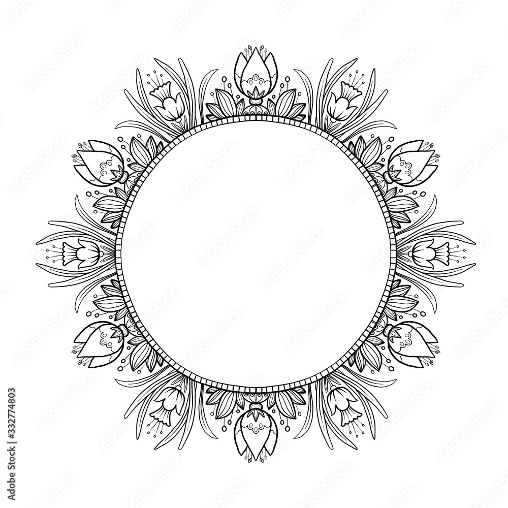 Round frame template. Coloring book mandala with a black line with decorative flowers, stamens and leaves on a white background. Illustration for coloring with a place for an inscription. Round frame template. Coloring book mandala with a black line with decorative flowers, stamens and leaves on a white background. Illustration for coloring with a place for an inscription.