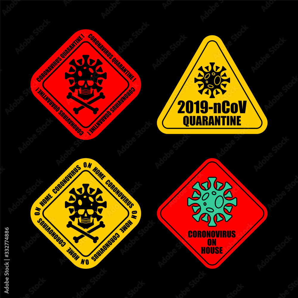 Coronavirus on car and home sticker Quarantine set. Virus 2019-nCoV on home. Pandemic. Global epidemic disease. Sign isolation period. Deadly disease of 21st century Coronavirus on car and home sticker Quarantine set. Virus 2019-nCoV on home. Pandemic. Global epidemic disease. Sign isolation period. Deadly disease of 21st century