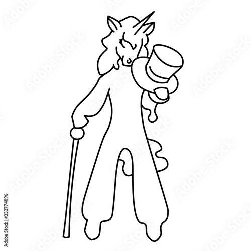 Kawaii victorian vector gentleman unicorn with cylinder hat and walking stick