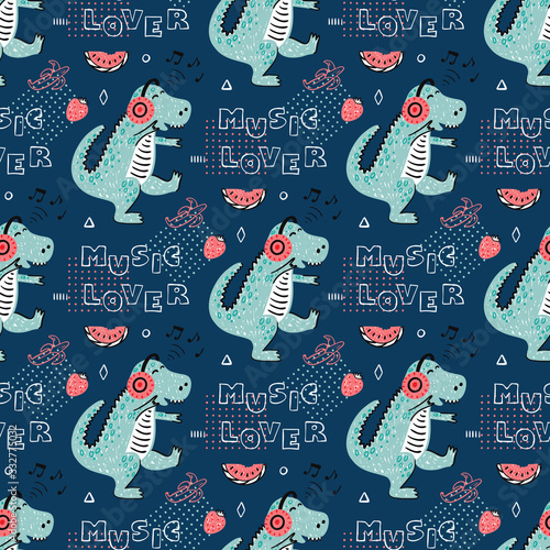 Seamless pattern for kids fashion with Dinosaur Music Lover. Hand drawn doodle Dancing Cute Dinosaur Listening Music on Headphones. Cartoon Animal Vector Background