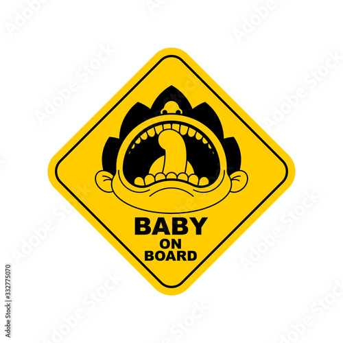Baby on car sticker. Kid on board. face of crying boy. Children tantrum