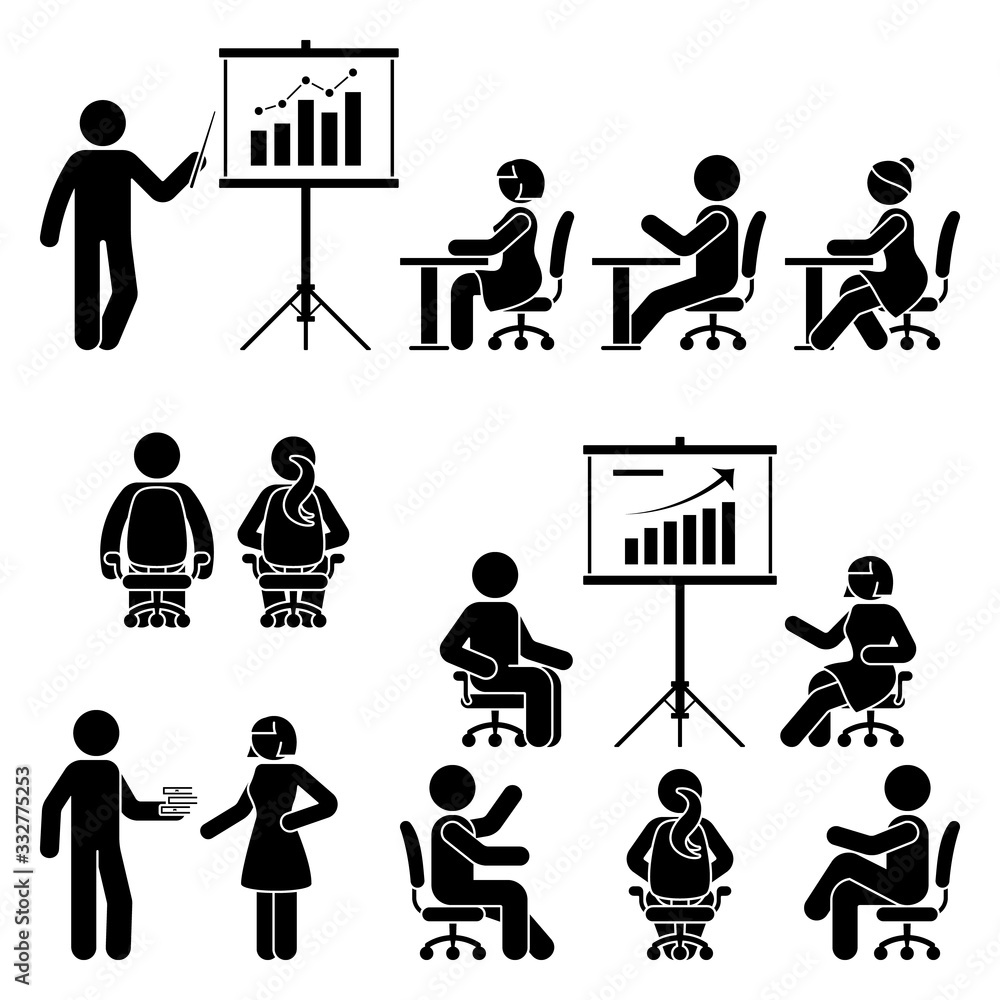 Stick figure man, woman teaching, training, studying workshop, lesson, conference, meeting vector icon set. Male, female, student, employee at office, school, class, course people silhouette on white Stick figure man, woman teaching, training, studying workshop, lesson, conference, meeting vector icon set. Male, female, student, employee at office, school, class, course people silhouette on white