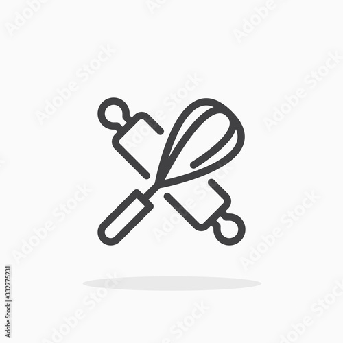 Rolling pin and whisk icon in line style. Editable stroke.