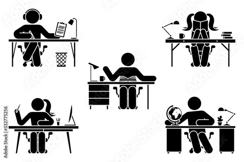 Stick figure man and woman study, learn lesson at school, home office, library vector illustration set. Stickman student hand writing, listen to music, reading, sitting at desk pictogram on white