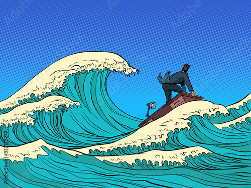 businessman waves of the economic storm crisis