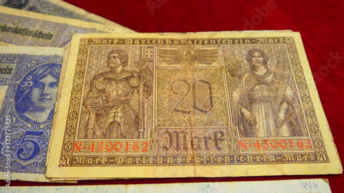 Banknotes from German Empire, First World War. Mark Germany