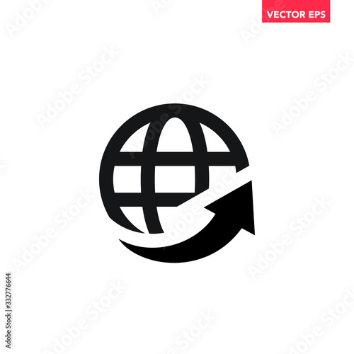 Black single international round globe with rise turn up arrow icon, infographic interface concept elements, app ui ux web button logo, simple pictogram flat design vector isolated on white background