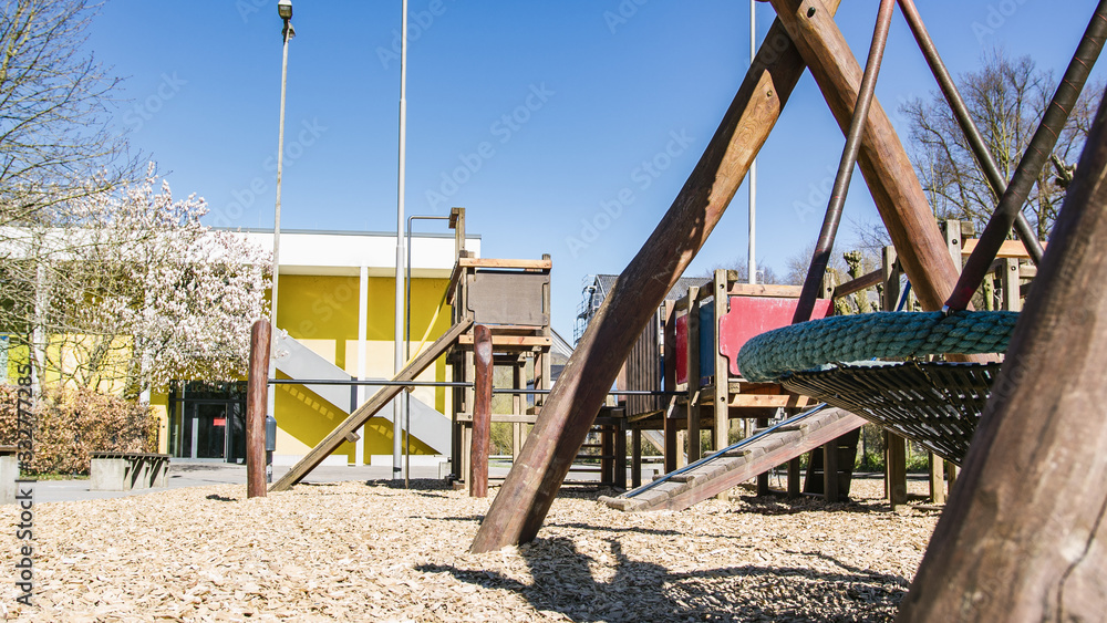 Abandoned Children Playground in quarantine - nobody playing outside, stricktly forbidden - smooth tracking shot. Abandoned Children Playground in quarantine - nobody playing outside, stricktly forbidden - smooth tracking shot.