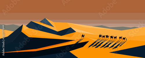 Camel caravan going through the desert on sunset, vector illustration