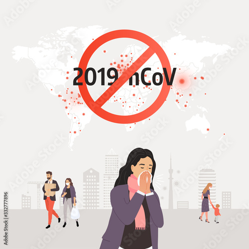 Stop Coronavirus. Vector illustration. Infected man sneezing into a handkerchief. Coronavirus icon with red prohibit sign, 2019-nCoV