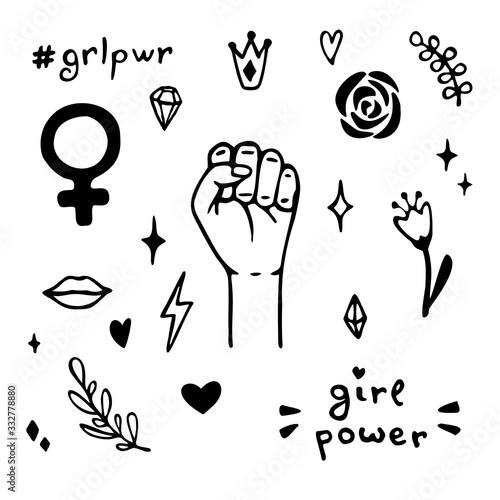 Vector set of hand drawn elements on feminism theme: raised fist, slogans, symbol, crown, lips, hearts, branches, diamonds, sparks.