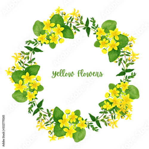 Wild flowers wreath with yellow flowers, hand drawn watercolor