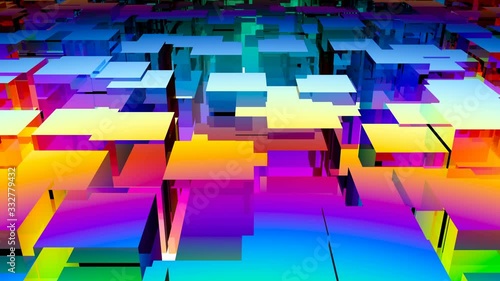 Abstract screensaver of moving colored shining cubes. Seamless loop.