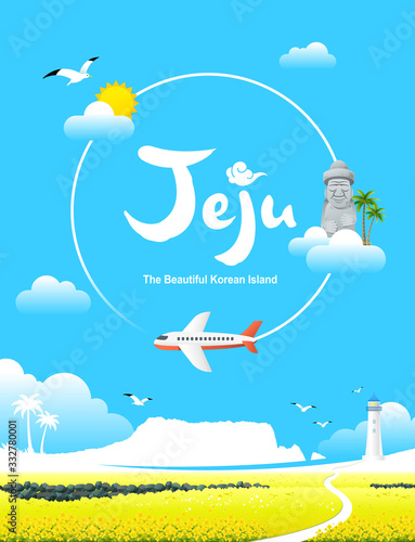 Beautiful Korean Island, Jeju. Blue sky and plane, yellow rapeseed field background. Jeju Island Spring Trip.