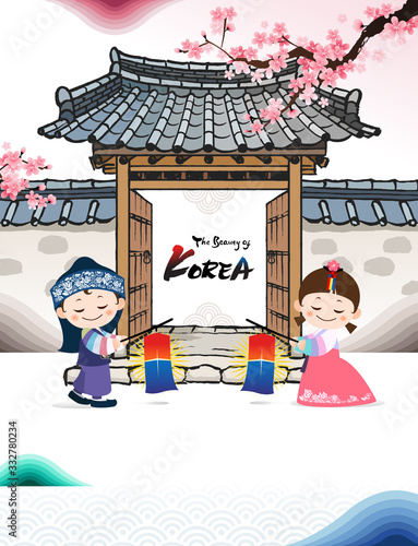 Beautiful Korea. Children in Hanbok welcome to Korea in front of the house of Hanok.