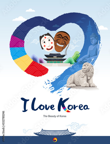 Beautiful Korea. Traditional cultural assets, mask, palace, heart shape brush vector. I love korea
