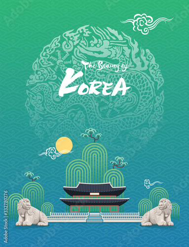 Beautiful Korea. Traditional palace, legendary animal haetae stone statue, Joseon dynasty dragon pattern vector illustration.