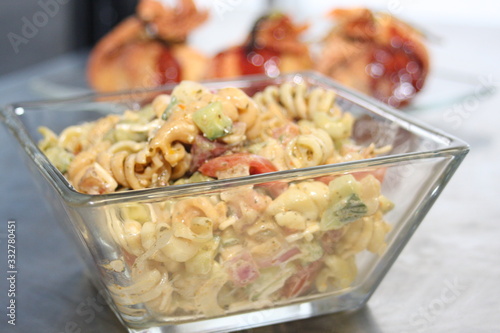 Pasta Salad in a Square Glass Bowl