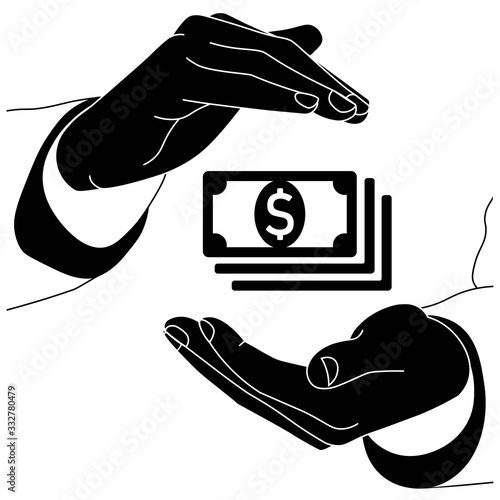 Hands are holding money, banknote or dollar bill icon flat logo in black on isolated white background. EPS 10 vector.