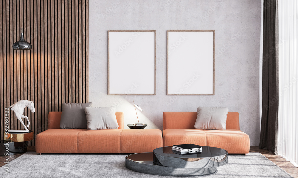 Poster mock up of Scandinavian interior design of orange living room with  couch furniture, vintage beige wallpaper background with wooden wall  stripes, wood empty frames and black table. .3d render Stock Photo |