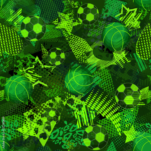 Abstract seamless sport pattern for girls,boys. Creative vector sport pattern with triangle, stars, heart, balls. Funny wallpaper for textile, fabric. Fashion sport pattern style. Colorful green print