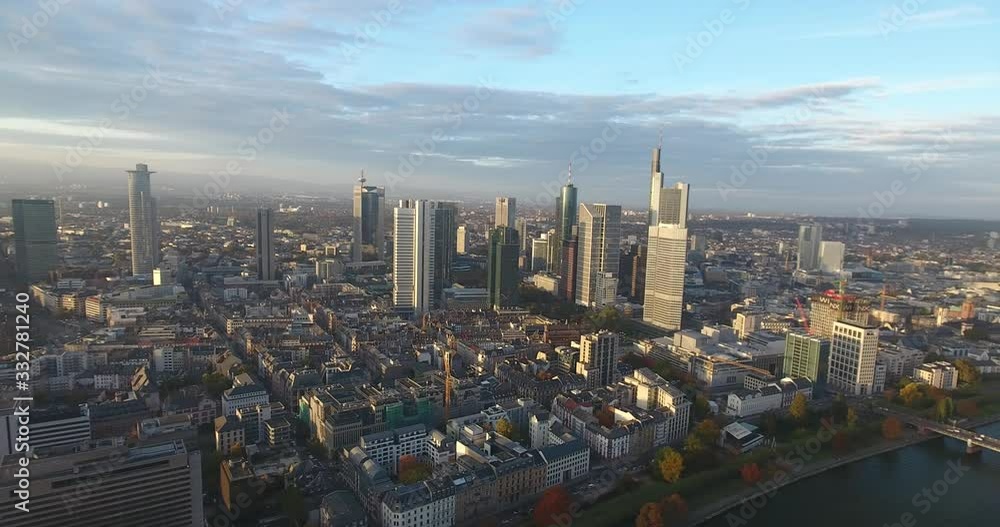 Aerial drone panoramic view over Skyline Plaza Frankfurt and River Main on a beautiful sunny day during autumn in Germany Aerial drone panoramic view over Skyline Plaza Frankfurt and River Main on a beautiful sunny day during autumn in Germany