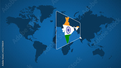 Detailed world map with pinned enlarged map of India and neighboring countries.