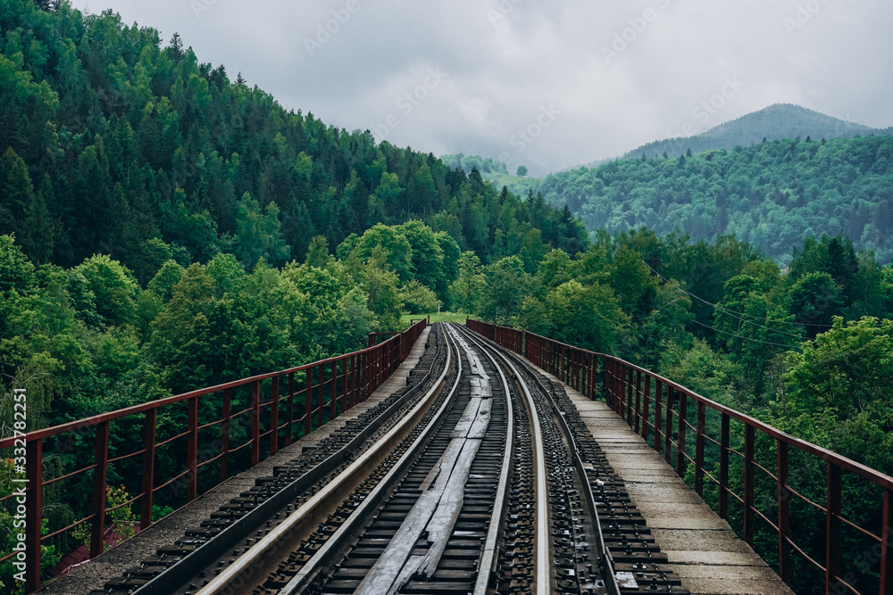 Fototapeta premium Railroad track on mountains background. Railway station on forest background.