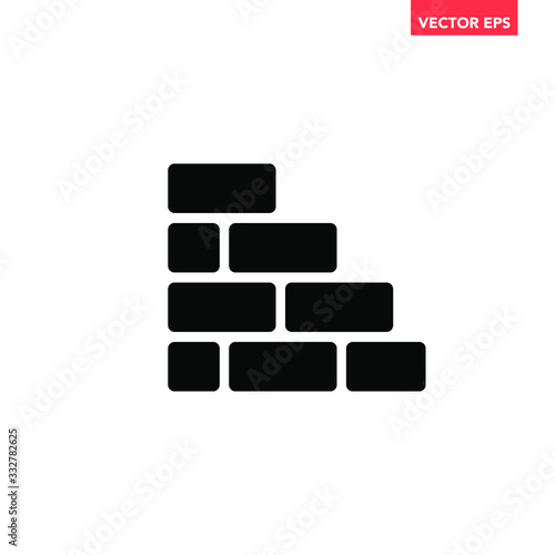 Black simple urban building up brick wall icon, flat design industry material texture interface infographic element for app logo ui ux web banner button, vector isolated on white background