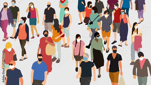People crowd in virus protective masks. Coronavirus, COVID-19 reality vector illustration.