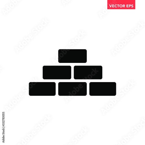 Black building up brick wall icon, simple flat design industry material texture interface infographic element for app ui ux web button, vector isolated on white background