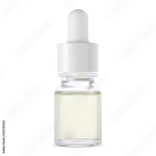 Serum dropper bottle. Glass vial 3d mockup for collagen. Clear flask design for natural aromatherapy cosmetic oil. Essential aging liquid flacon