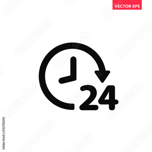 Black round up to 24 hours customer service icon, simple 24hour helpline assistance flat design pictogram vector for app ads web banner button ui ux interface elements isolated on white background