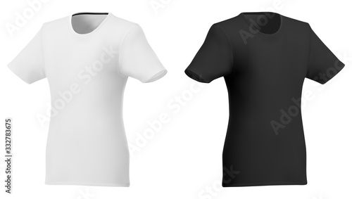 Vector polo template. Short sleeve shirt mockup 3d realistic design. Round neck promotion tshirt illustration. Fashion sportswear clothing in black and white color