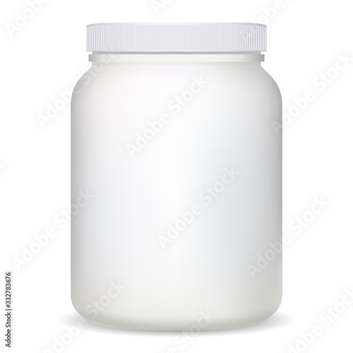 Supplement bottle. White plastic protein container for bodybuilding sport. Cylinder can design mockup. Gym nutritional tablets canister with cap. Health pill box