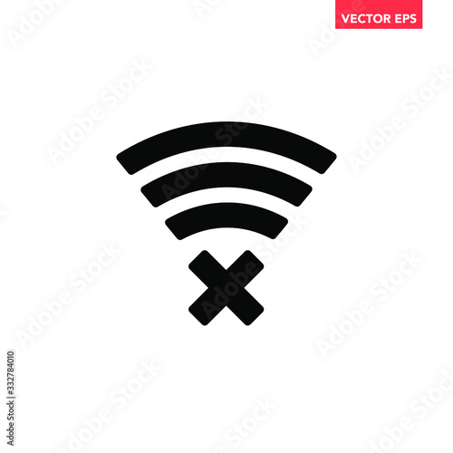 Black no wifi connection icon, can't found waves, simple line lost signal failed mistake flat design concept vector for app ads web banner button ui ux interface elements isolated on white background